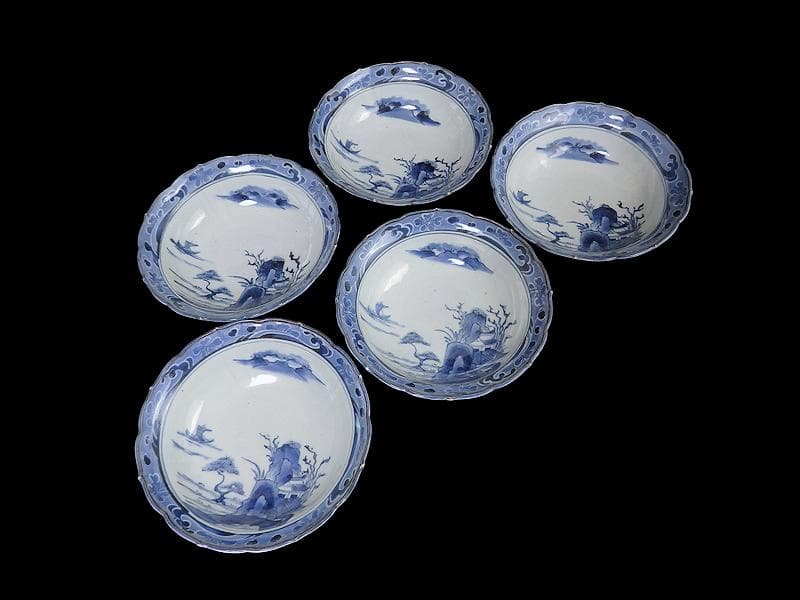 古伊万里　染付　墨弾　桜花に波　楼閣山水図　膾皿　５客　A634AS-CVz
