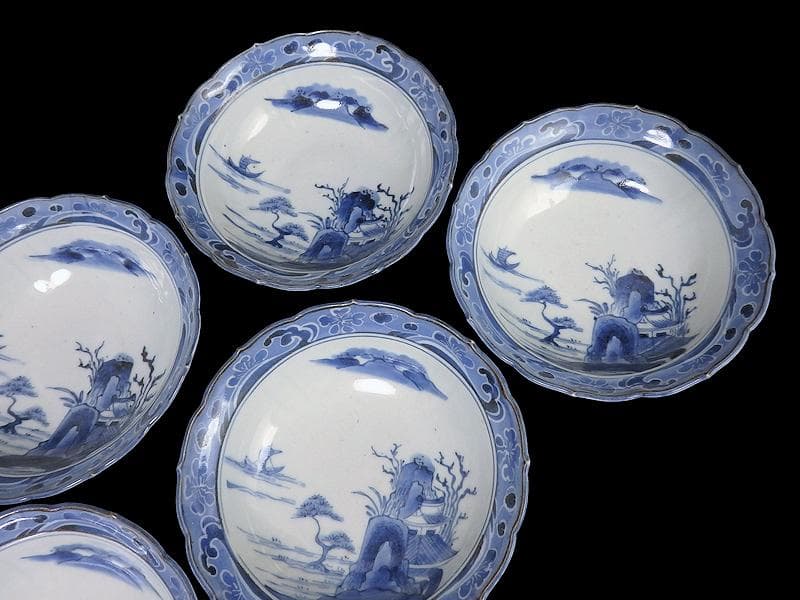 古伊万里　染付　墨弾　桜花に波　楼閣山水図　膾皿　５客　A634AS-CVz