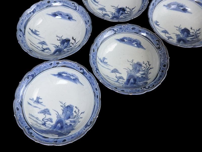 古伊万里　染付　墨弾　桜花に波　楼閣山水図　膾皿　５客　A634AS-CVz