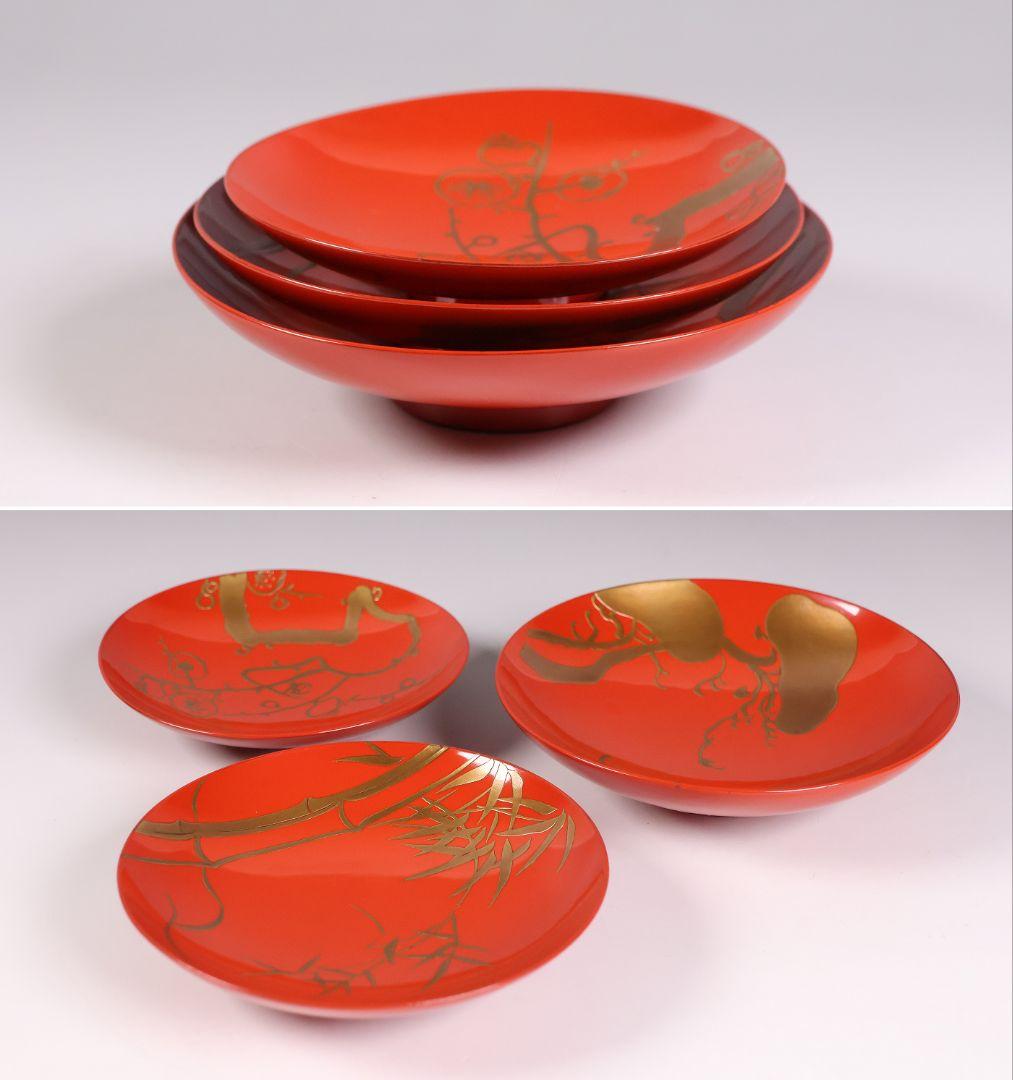 【CM358】時代 法橋光琳造(尾形光琳) 松竹梅蒔絵 朱塗 三ッ盃 木製 酒盃