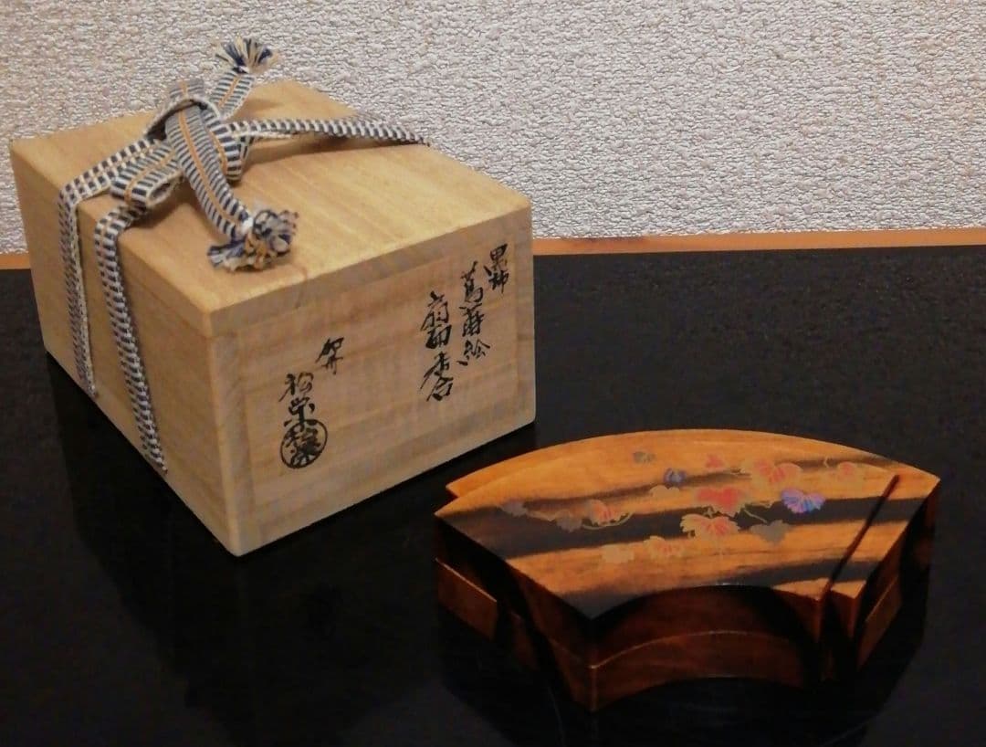 鈴木松栄三代　加州漆芸　黒柿　蔦蒔絵　扇面　香合　共布　栞付　茶道具