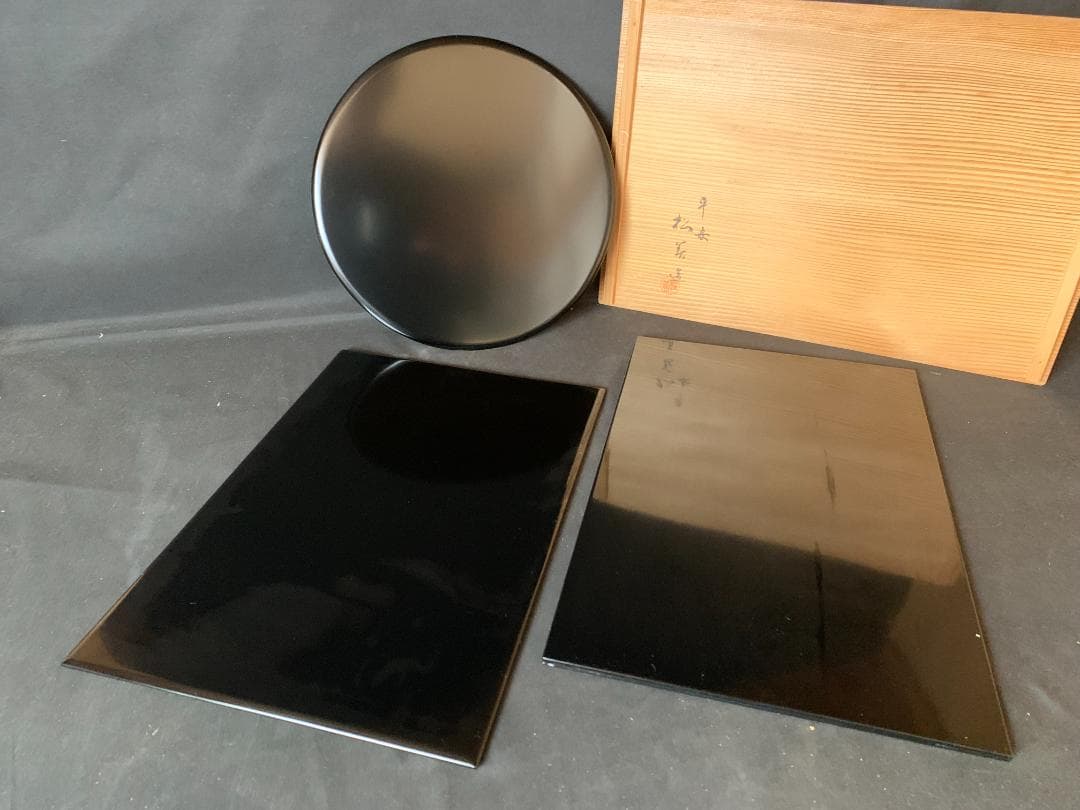 平安 松美堂造 真塗 薄板 三枚組 共箱 茶道具 丸香台蛤板矢筈板788