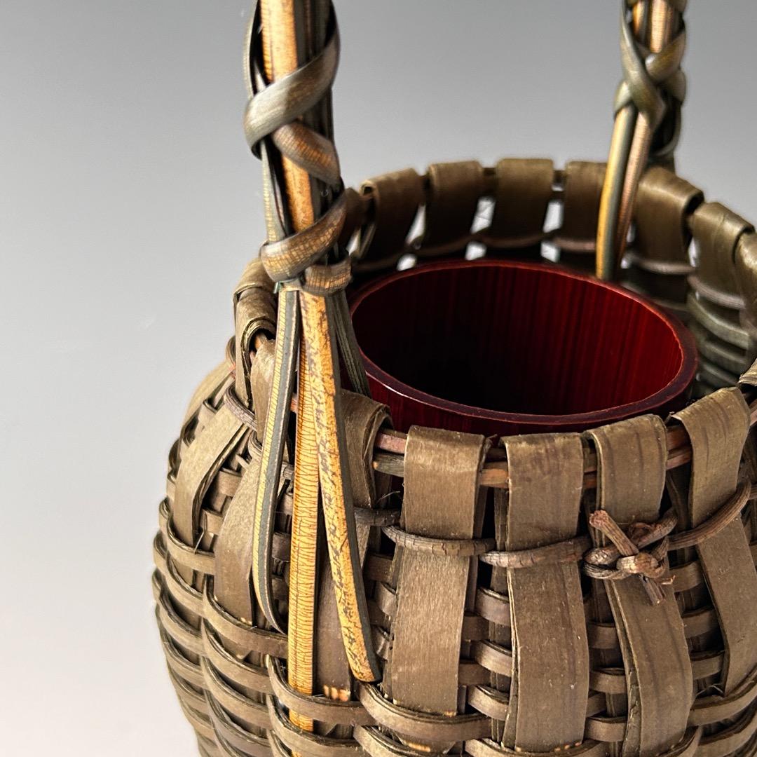 茶道具　即中斎好　南紀　檜　手付　掛籠　花入　熊玄斎　共箱　竹工芸　篭花入　夏