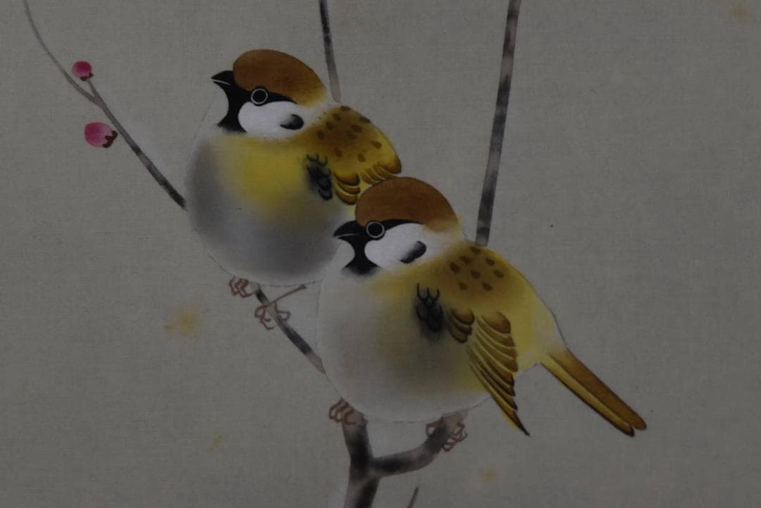 【真作】稲葉桑文/紅梅に雀図/雪梅小禽図/掛軸/名家伝来/AA-308