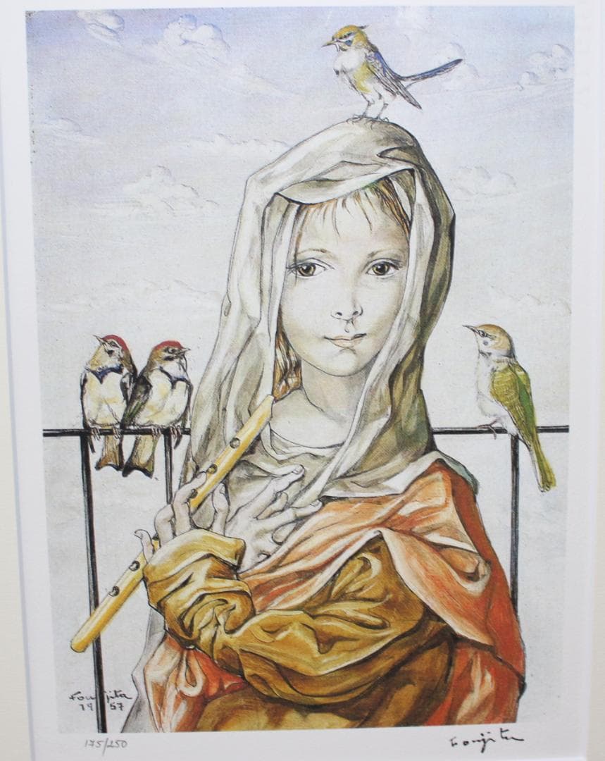 藤田嗣治 エスタンプリトグラフ「鳥と女性」 175/250