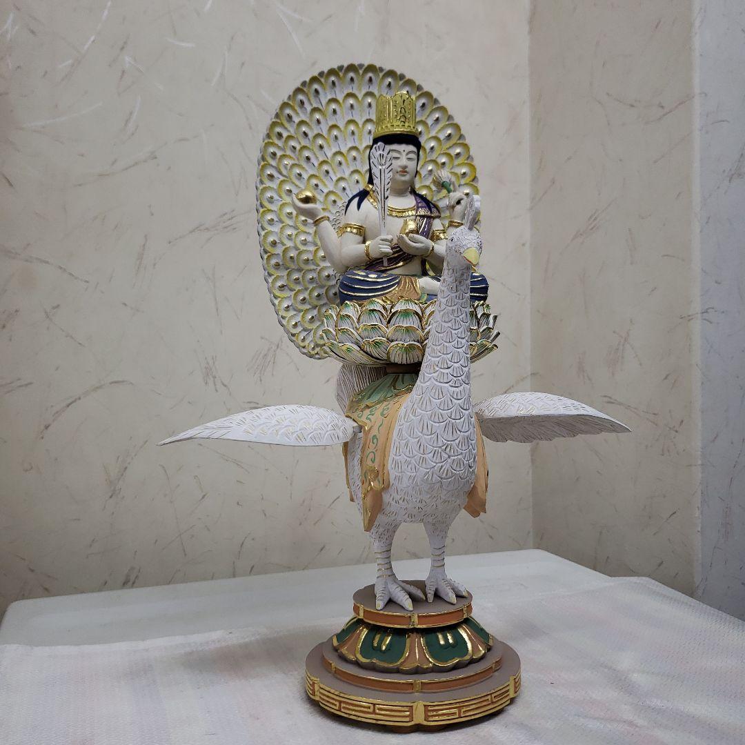 Ｂフライデー　最強魔除け仏像★柘植 孔雀明王像3寸 極彩色 錐金眼入★病魔退散