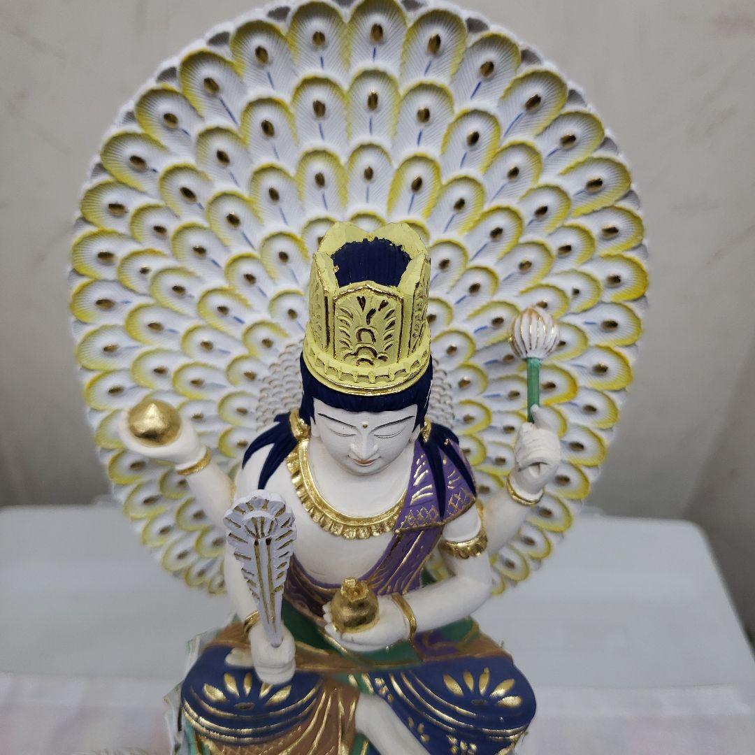 Ｂフライデー　最強魔除け仏像★柘植 孔雀明王像3寸 極彩色 錐金眼入★病魔退散