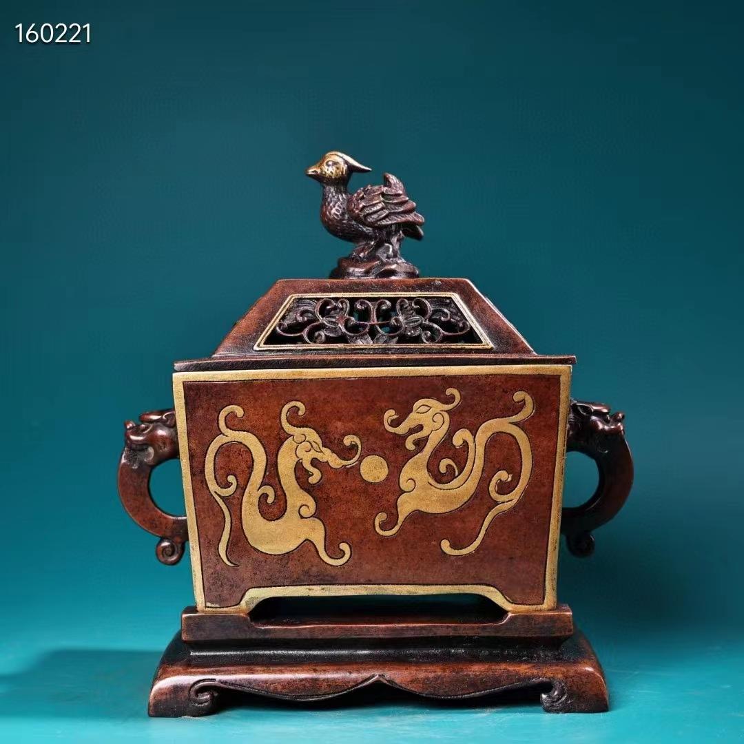 中国古美術・珍蔵·稀少品・紫銅・純手作り・鎏金高浮彫香炉・熏香爐・置物