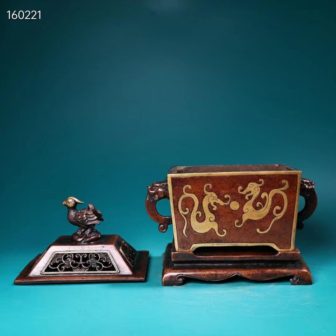 中国古美術・珍蔵·稀少品・紫銅・純手作り・鎏金高浮彫香炉・熏香爐・置物