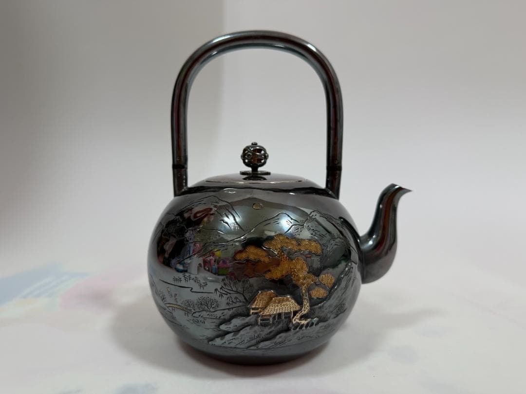 純銀製 象嵌 山水図彫 湯沸 銀瓶 煎茶道具