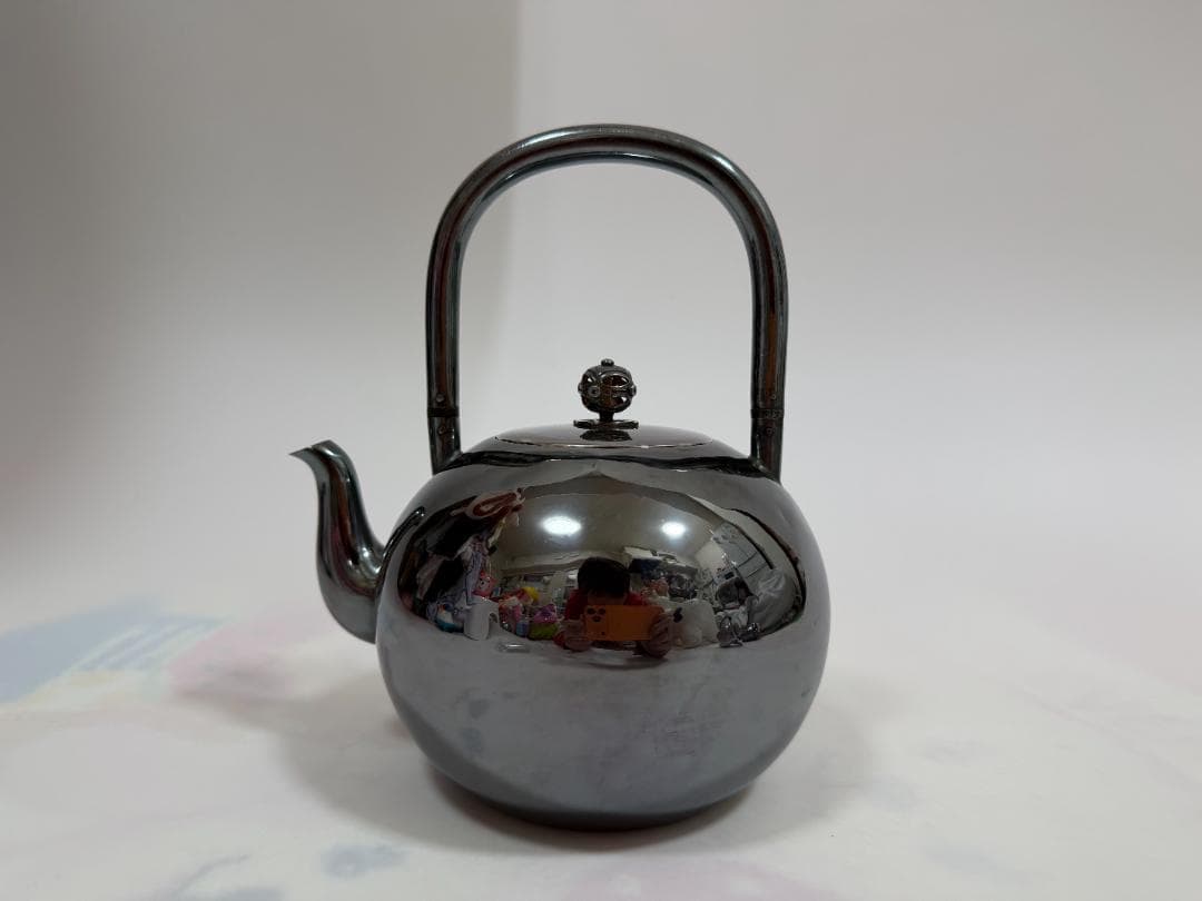 純銀製 象嵌 山水図彫 湯沸 銀瓶 煎茶道具