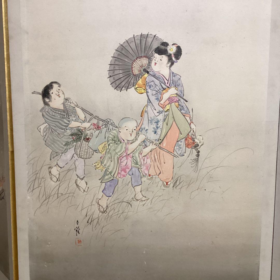 O-34日本の伝統的な屏風 子供遊びの図①六曲一双　パテーション水屋屏風としても