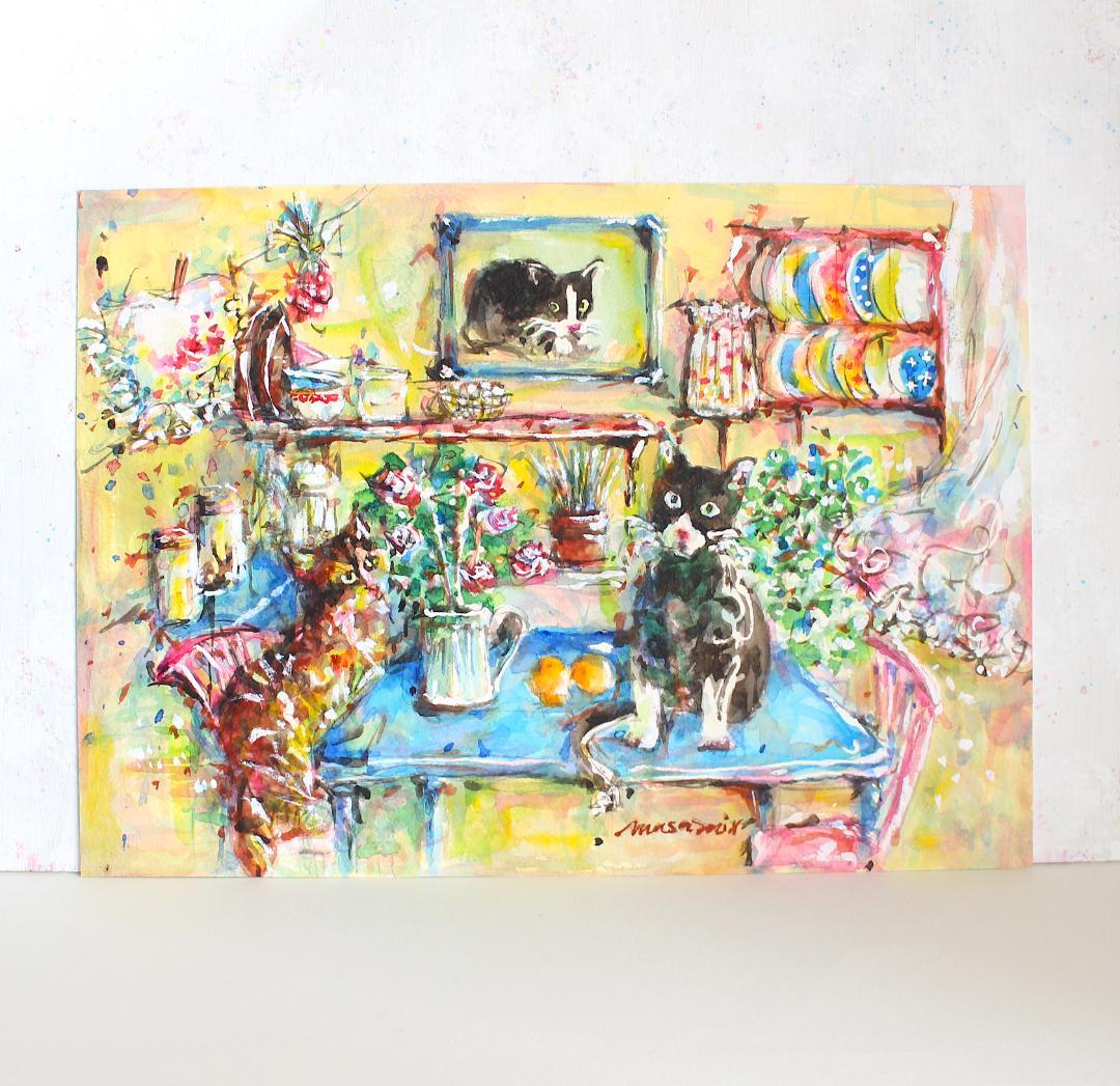 「猫とキッチン」水彩画 原画