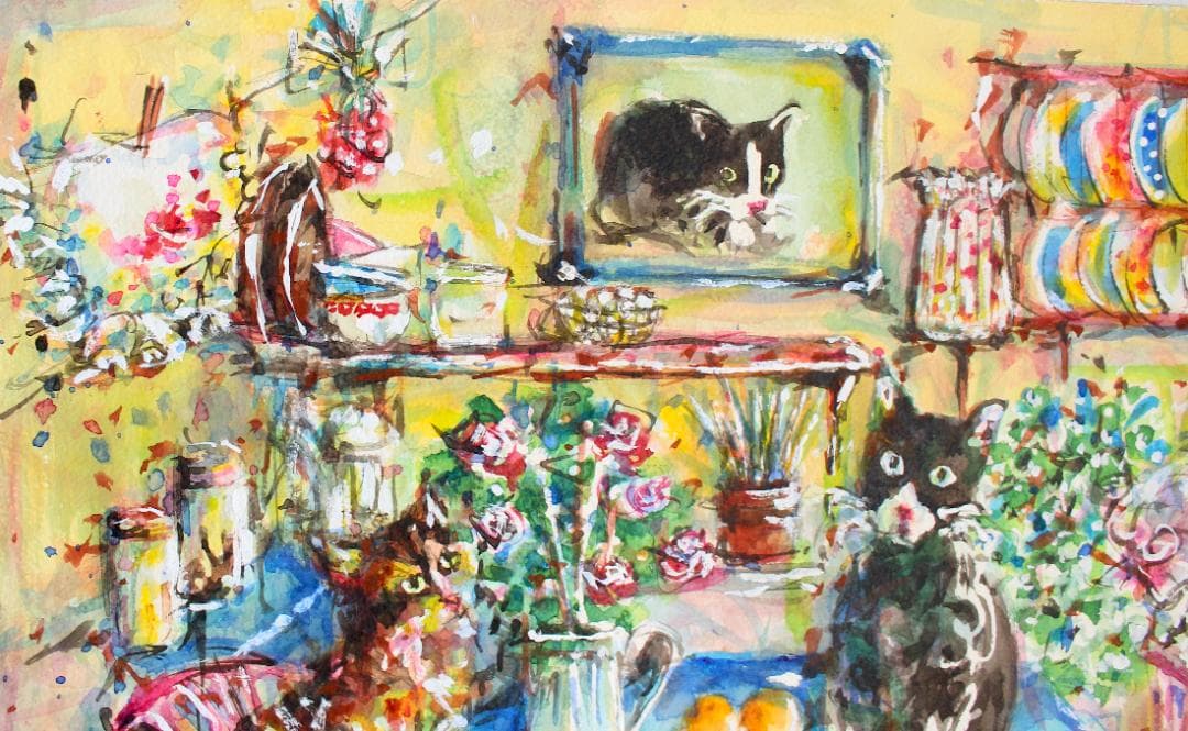 「猫とキッチン」水彩画 原画