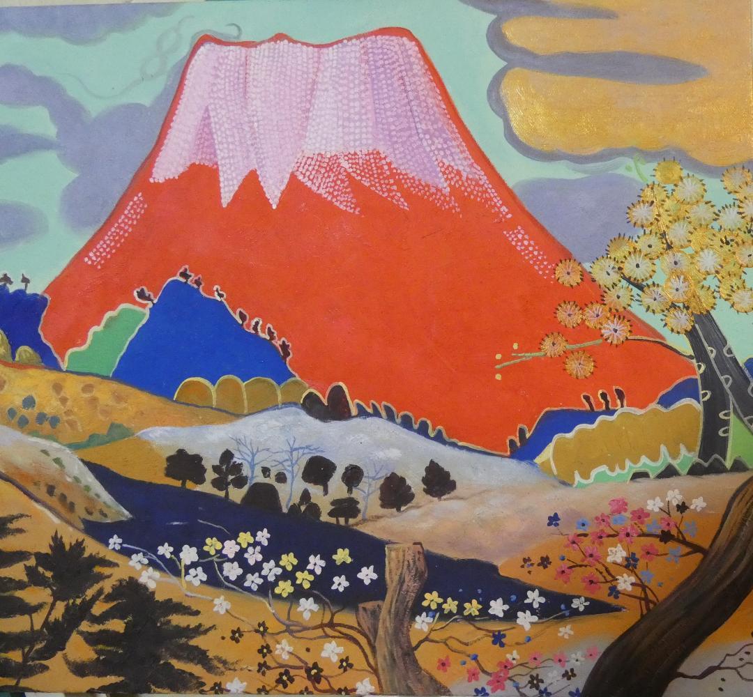 【新春売り】風景画　油絵　片岡球子　赤富士圖　F8　額付き　手描き　肉筆