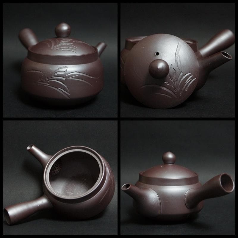 萬古焼 昇龍園造 細工彫『花文』紫泥 急須 湯冷まし 煎茶碗(五客)煎茶器揃え