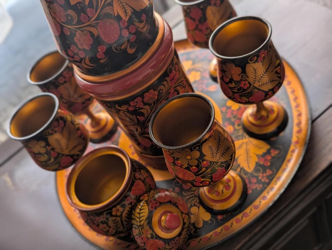 ロシア製　ホフロマ　木製　漆器　ワイングラス　セット