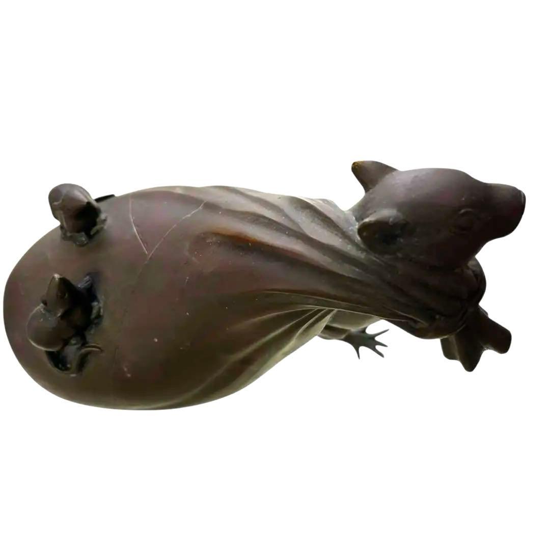 岩坪信光 作 唐銅 袋引鼠 ねずみ 親子／金工師／銅製 置物／刻印あり／工芸品