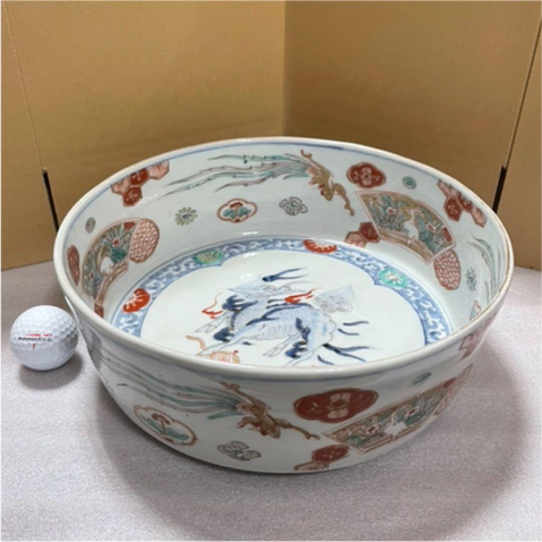 大きな器　【m183 麒麟　鳳凰　窓絵　二重高台　吉祥　染付色絵　平鉢　骨董　】