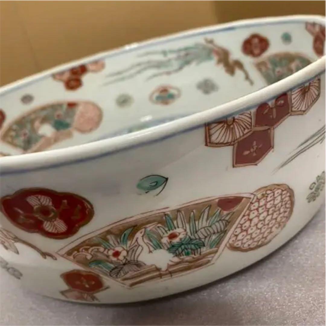 大きな器　【m183 麒麟　鳳凰　窓絵　二重高台　吉祥　染付色絵　平鉢　骨董　】