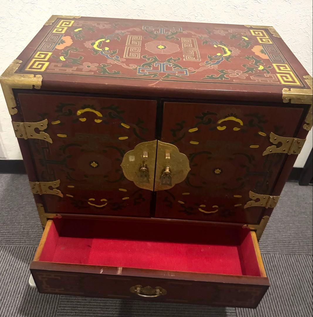 希少シノワズリ 緻密金彩美しいバンダジ　李朝箪笥アンティーク漆塗キャビネット木製