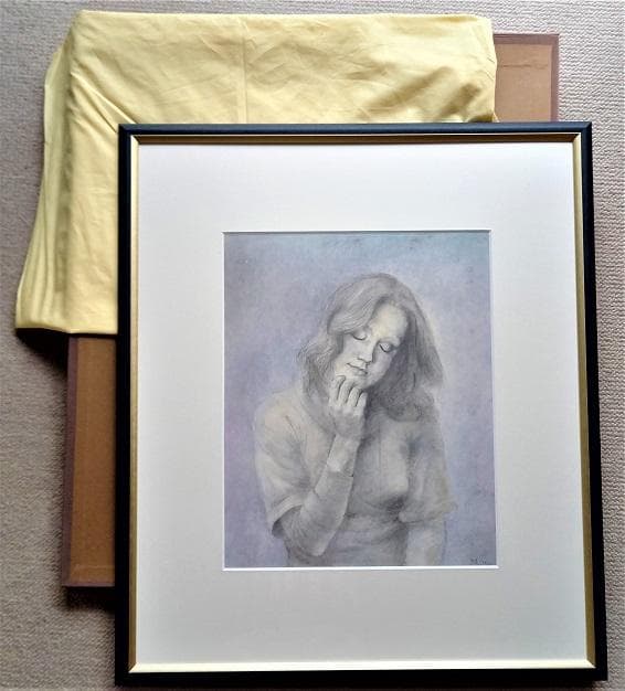 桜田晴義　タイトル「少女D」　デッサン画　表サイン　新品額装　黄袋、タトウ箱あり