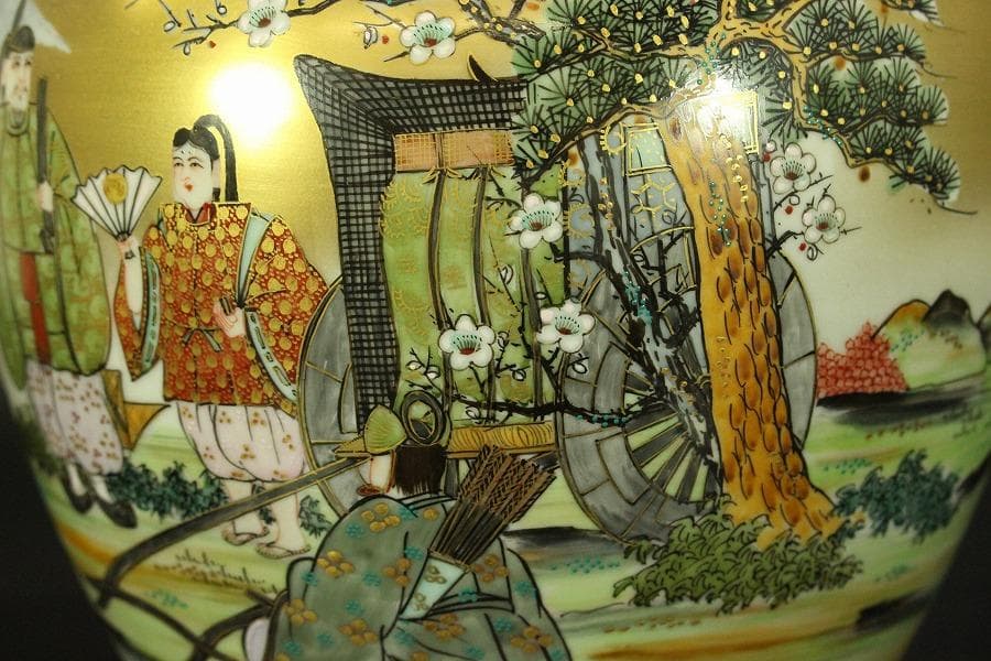 九谷 青粒 金彩色絵 人物紋 壷 共箱 φ23cm(LC653)