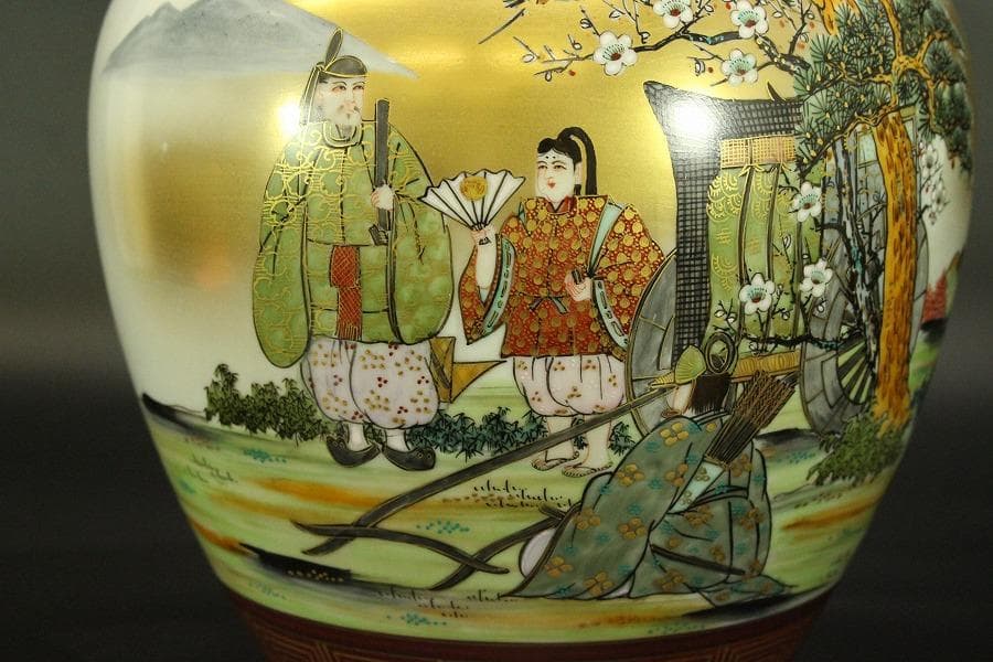 九谷 青粒 金彩色絵 人物紋 壷 共箱 φ23cm(LC653)