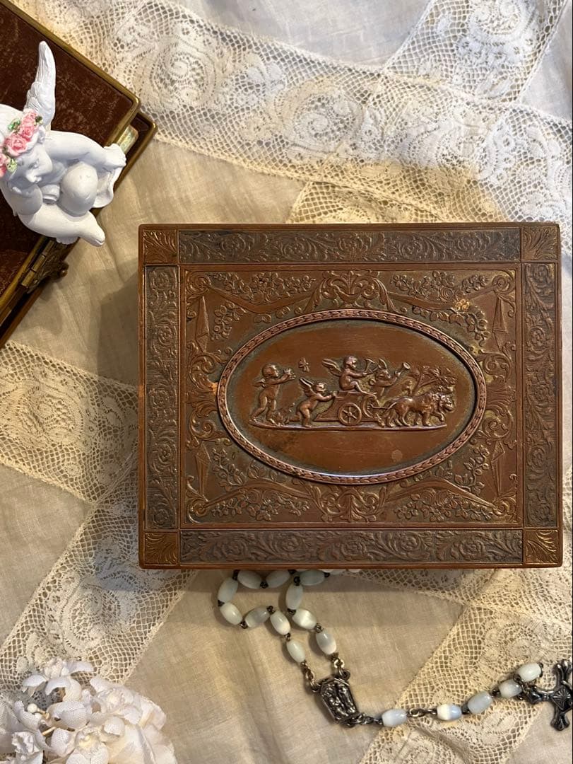 ◆フランスアンティーク｜ブロンズ真鍮エンジェル彫刻ジュエリーボックス小物入れ小箱