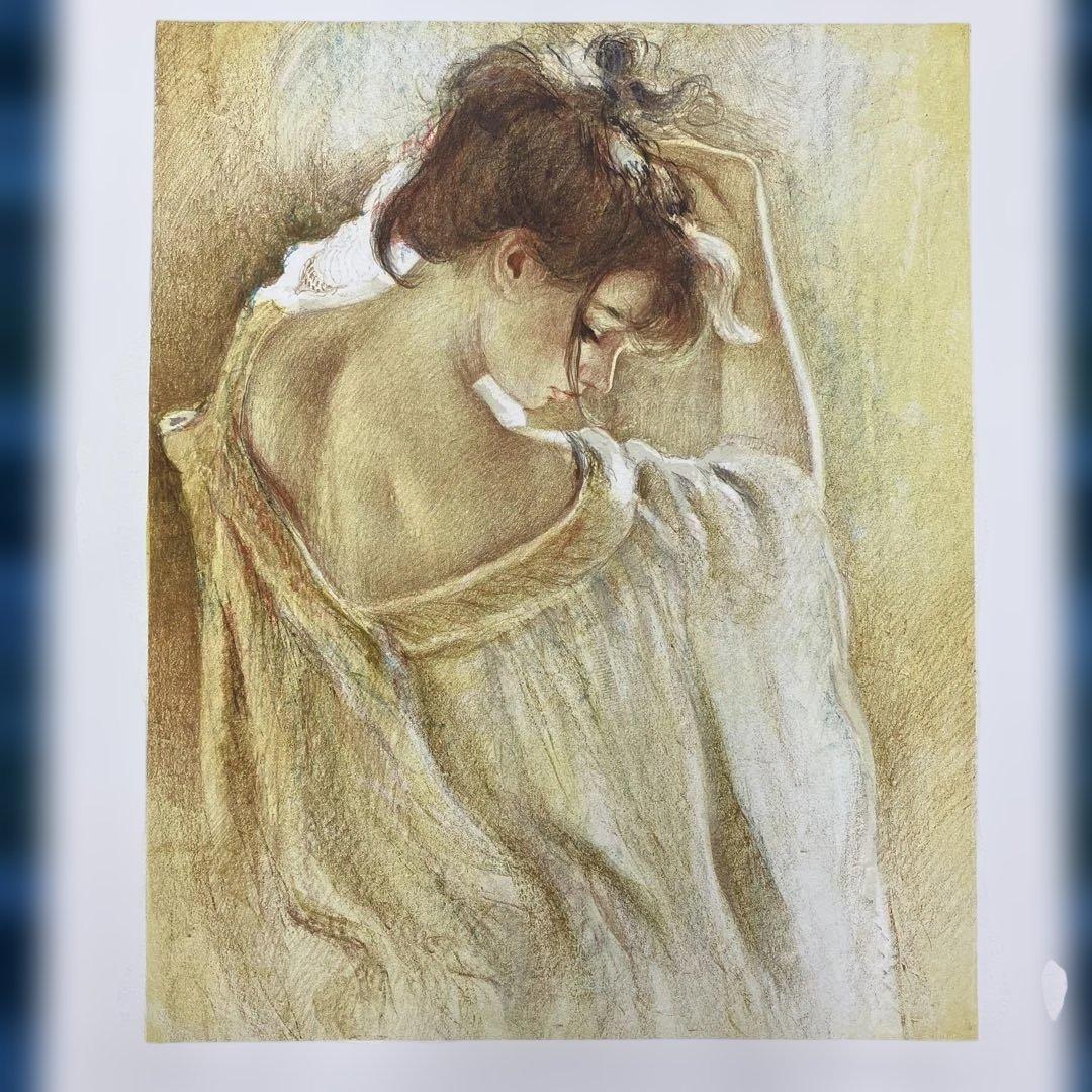 34111010 リトグラフ 版画　外国作家サインあり「髪を結う女性」