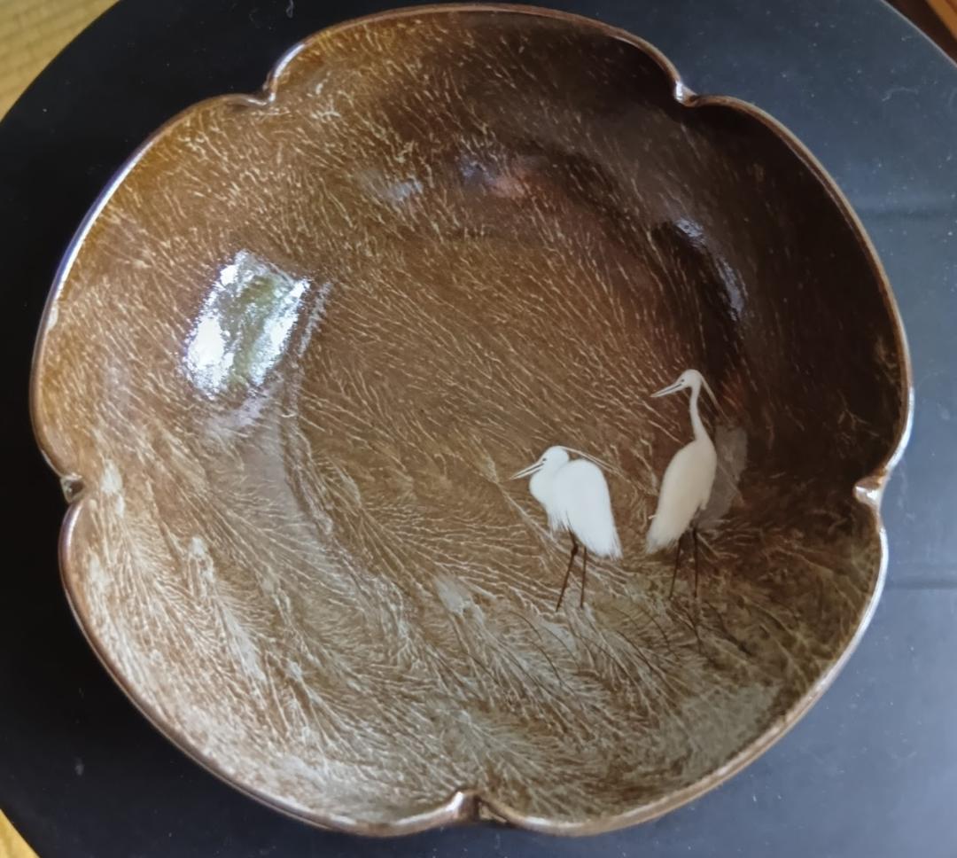 臥牛窯　十三代横石臥牛作　唄川菓子鉢　刷毛白鷺図　現川焼　木箱付き