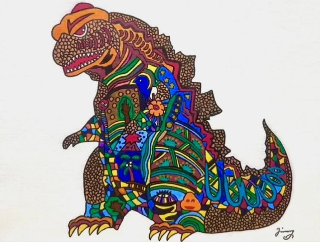 SALE【F6号】ジミー大西 （ゴジラ）手描き/表裏サイン有/油彩/アクリル/絵