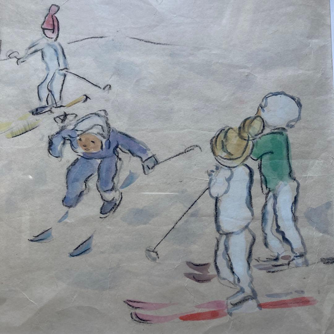 いわさきちひろ「少年スキーヤー」仮題　水彩額41.5×53絵￼25.5×31cm