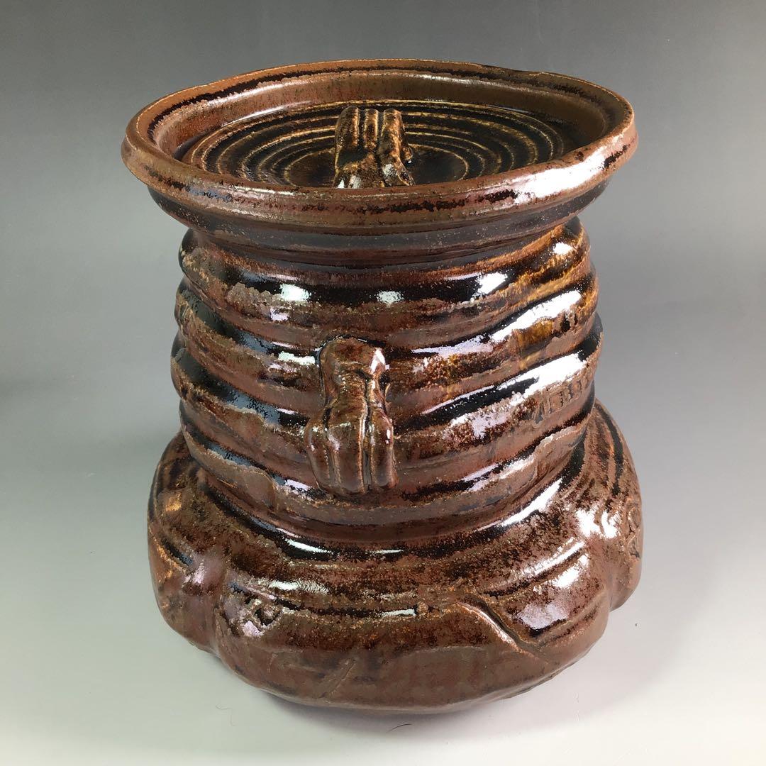 Ｒ３２５　水指　『長谷川青峯造』『耳付』『瀬戸水指』　共箱　茶道具