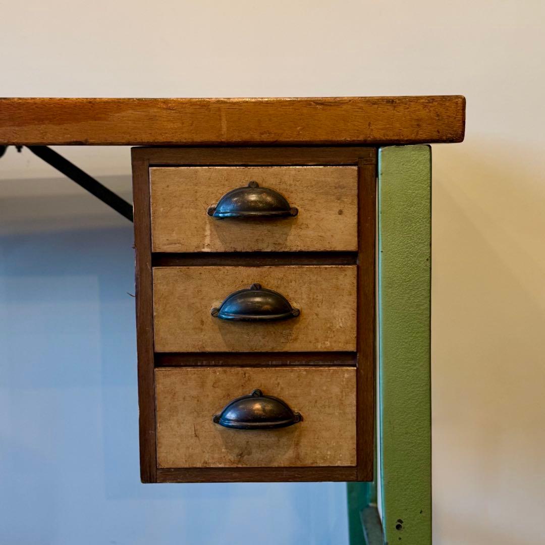 ヴィンテージ インダストリアルデスク｜木製天板×金属脚 引き出し付き