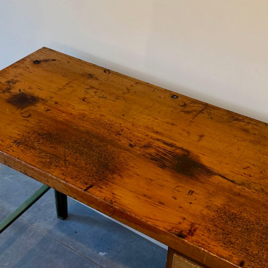 ヴィンテージ インダストリアルデスク｜木製天板×金属脚 引き出し付き