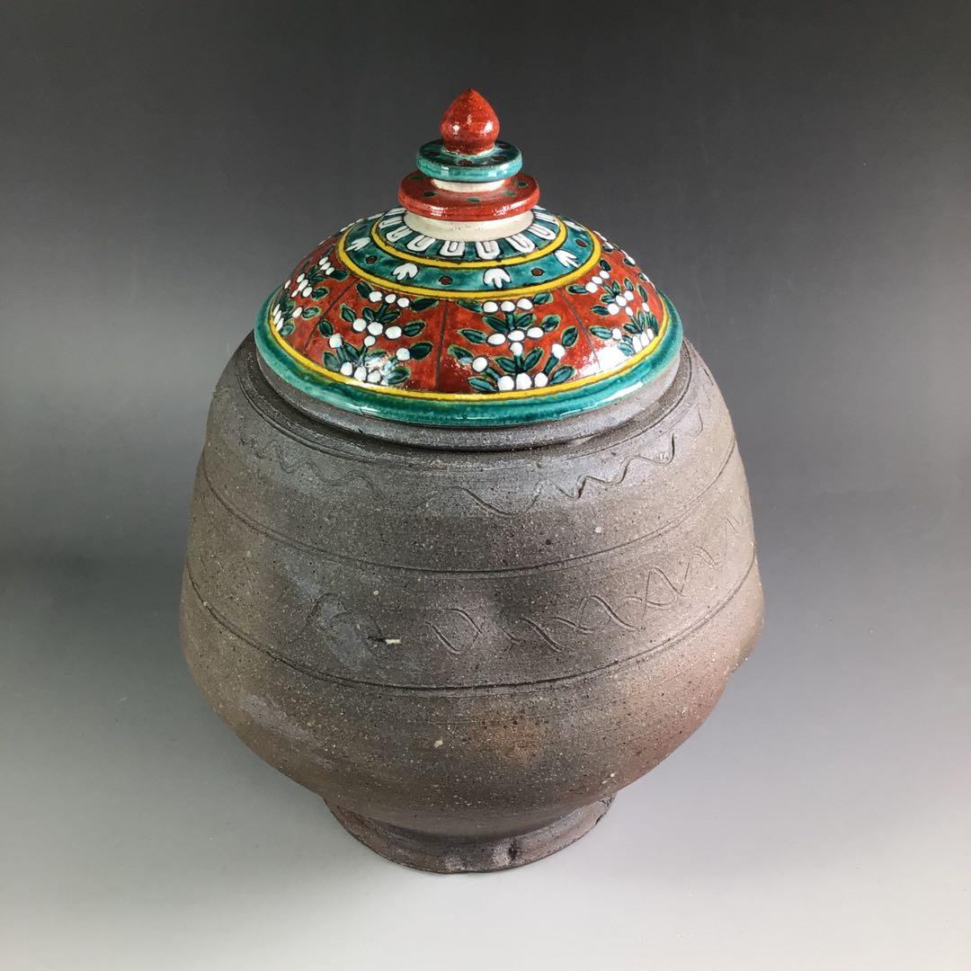 Ｒ５０３　水指　『萬古焼』『堀野証嗣造』『赤絵蓋』『替蓋付』『南蛮水指』　共箱