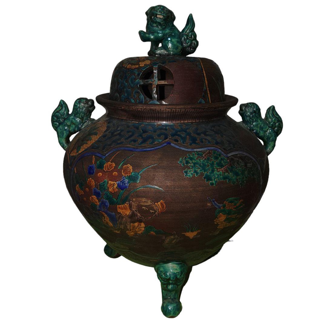 古青手九谷焼　緑釉獅子付香炉　高さ35cm