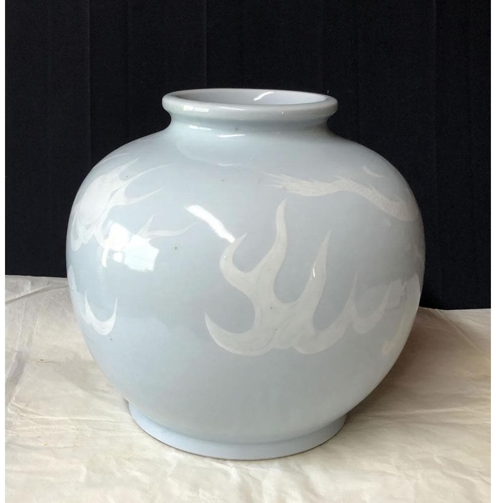 p001 京焼 青磁 龍紋 壺 渓山 銘 高さ22.5cm 壷 花器