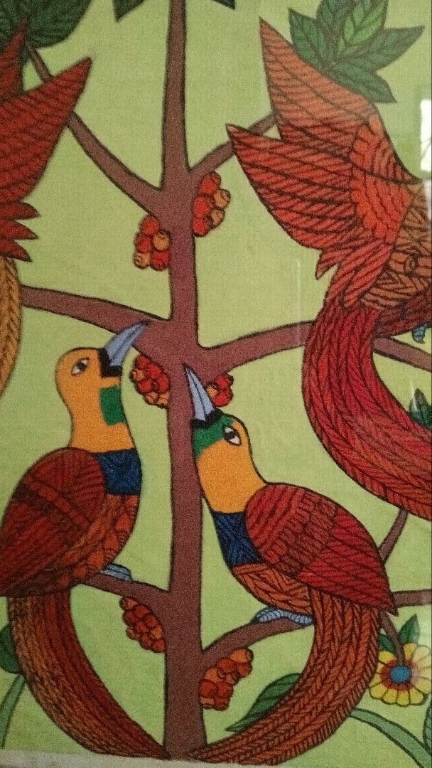 パプアニューギニア　極楽鳥とコーヒーの木　現地作家絵画
