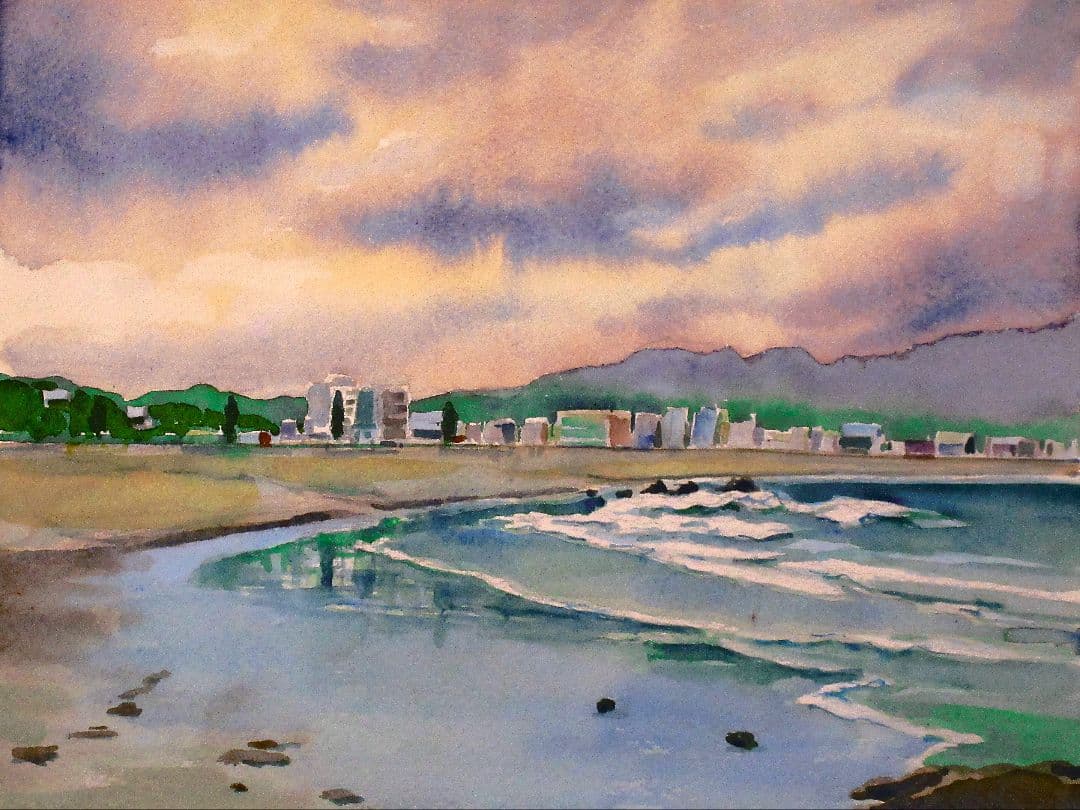 海岸風景 水彩画 額装済み F6サイズ