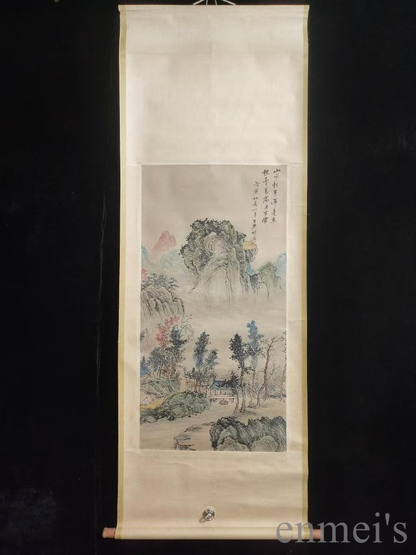 中国古美術.清時代.王原祁款.山水図.宣紙画.三尺手描き.水墨画.掛軸.詩文付き