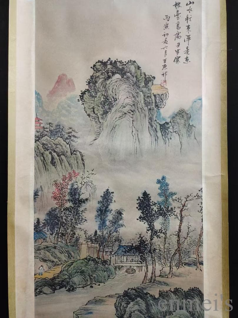 中国古美術.清時代.王原祁款.山水図.宣紙画.三尺手描き.水墨画.掛軸.詩文付き