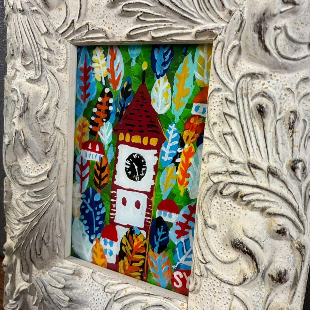 柚木沙弥郎「時計台の森」ガラス絵 肉筆 直筆サイン入 共シール 民藝 人気染色家