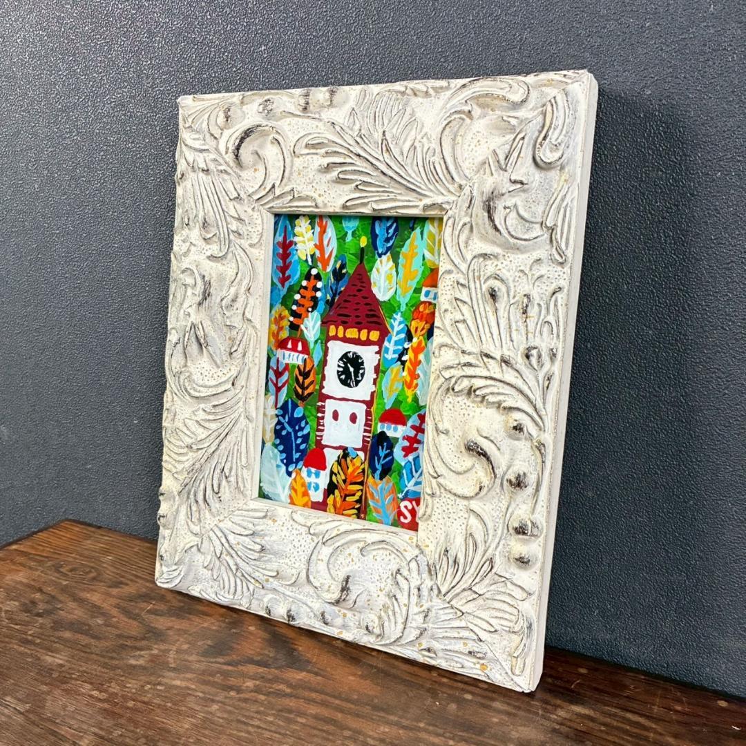 柚木沙弥郎「時計台の森」ガラス絵 肉筆 直筆サイン入 共シール 民藝 人気染色家