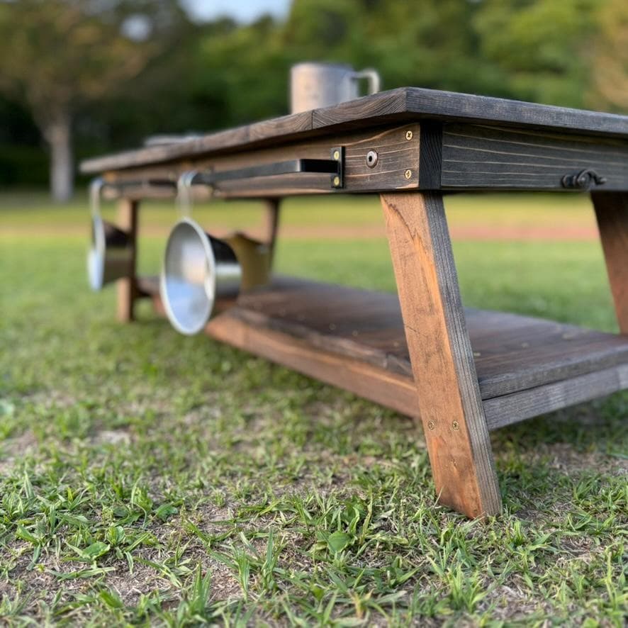 キャンプテーブル 折りたたみ 幅84cm ローテーブル室内兼用 アイアンバー付き