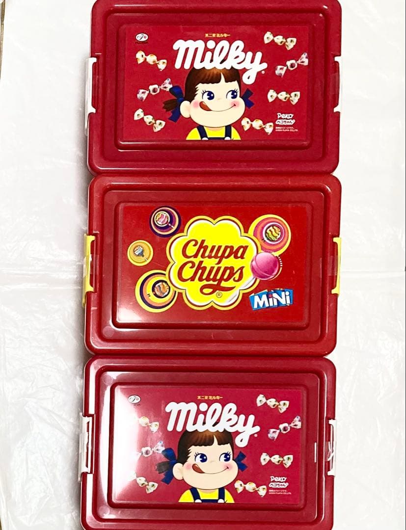 中身入り3箱 コンテナボックス　不二家 ミルキー ペコちゃん　チュッパチャップス