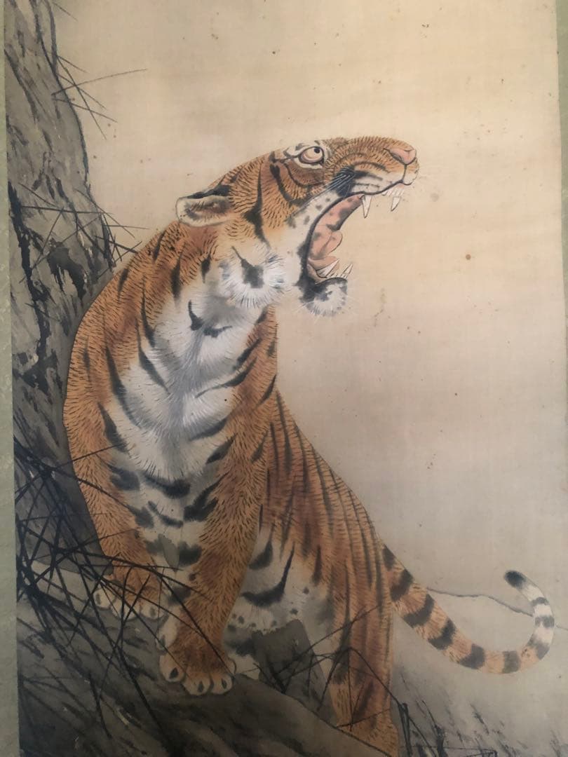 大橋翠谷「月に虎」絹本掛軸 186×54cm 江戸後期 値引き交渉可