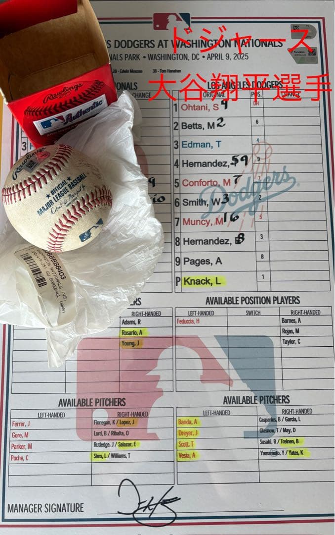 ドジャース 大谷翔平選手出場 実使用試合球&ラインナップカード 2025.4.9