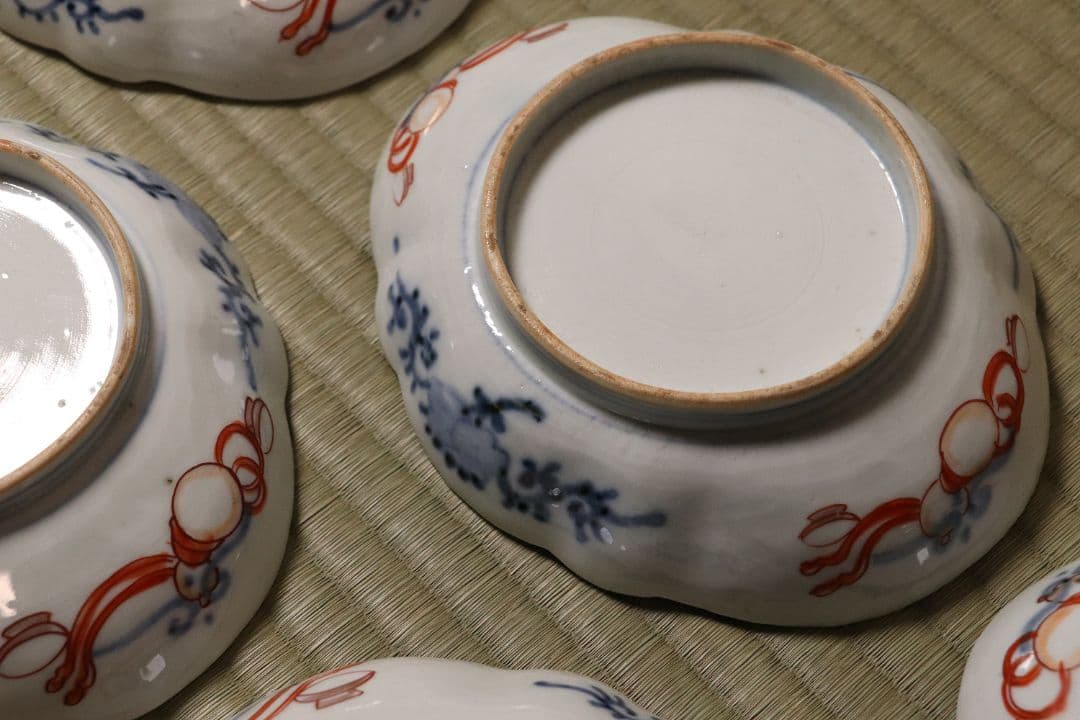 古伊万里 鳥の図 色絵 刺身皿 変形皿 五客 錦手 鴛鴦 鶴 瓢箪 CL96